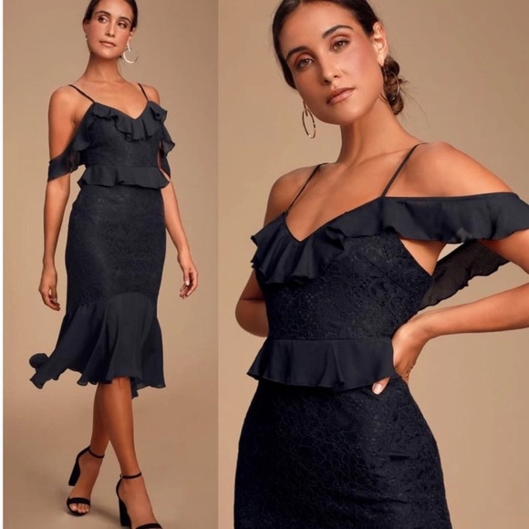 Lulu's Elegant Black Midi Dress with Ruffles - Picture 2 of 8